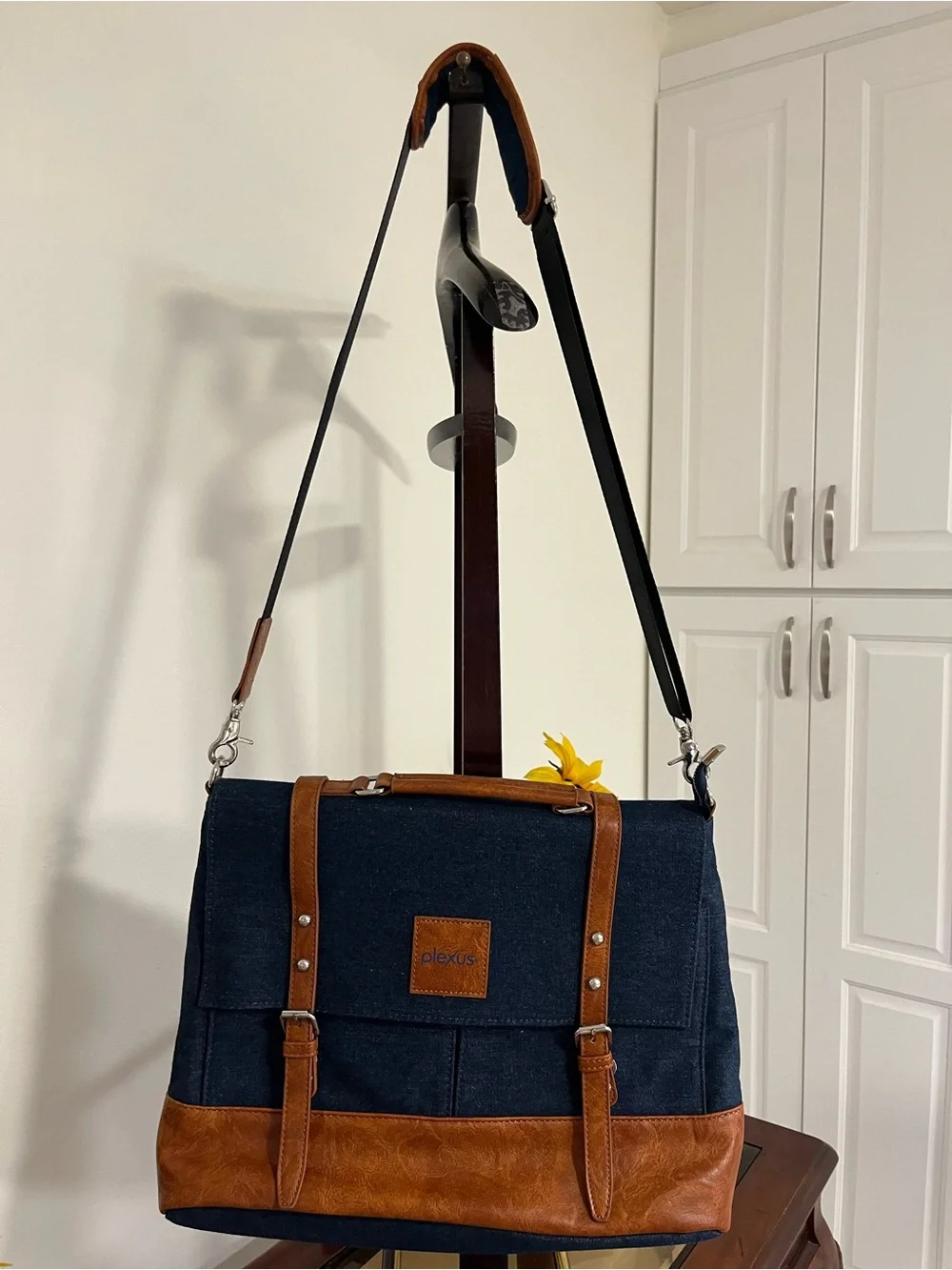 Navy Canvas Messenger Bag with Brown Leather Trim by
